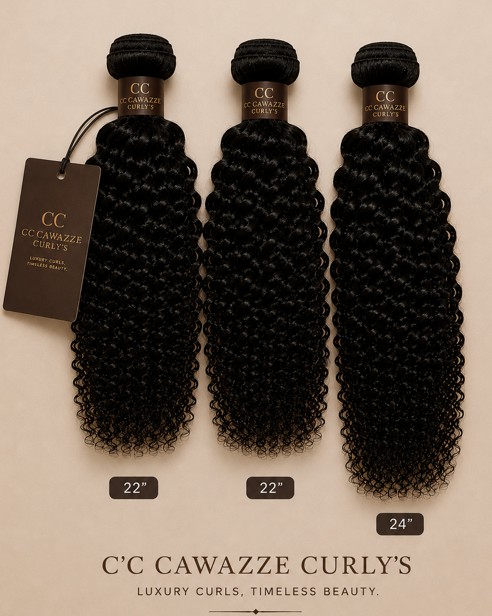 Three bundles of black curly hair extensions displayed side by side on a beige background, with size labels 22" and 24" below each bundle. A brown brand tag is attached to the left bundle, and the text 'C'C Cawazze Curl's' appears at the bottom.