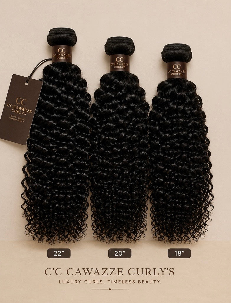 Three bundles of black curly hair extensions displayed side by side on a beige background, with brand tags and length labels showing 22 inches, 20 inches, and 18 inches. The brand name 'C'C Cawazze Curl's' is visible at the bottom.