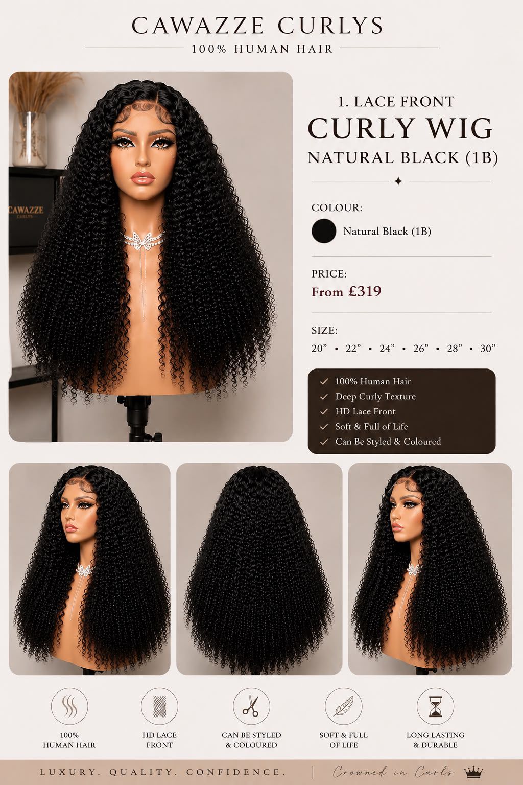 Lace Front Curly Wig – Natural Black (1B) 30"
